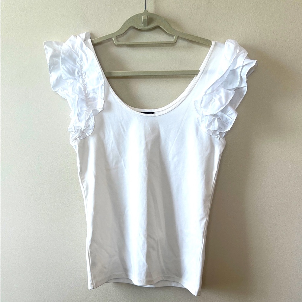 Ann Taylor White Ruffle Sleeve‎ Tank Top Women M Business Casual Feminine EUC